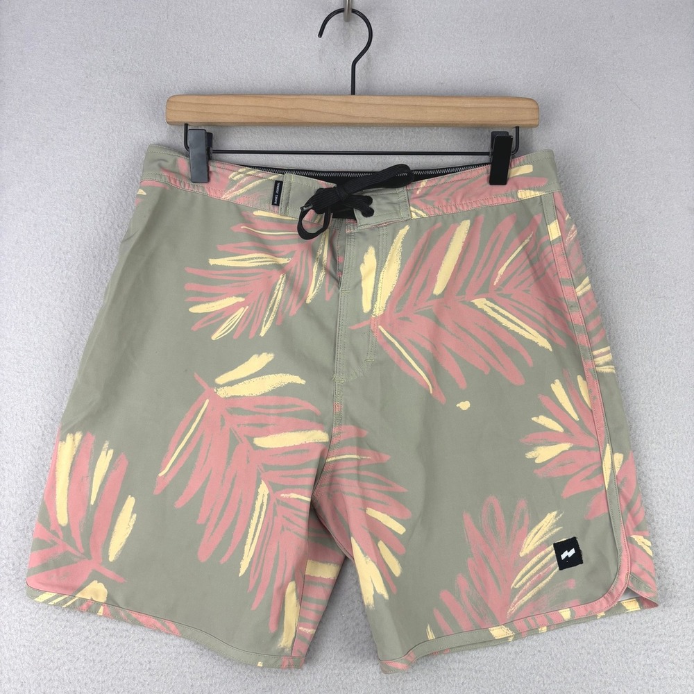 Banks Journal Board Shorts Men 32 Green Pink Palm Print Tropical Surf Swimwear